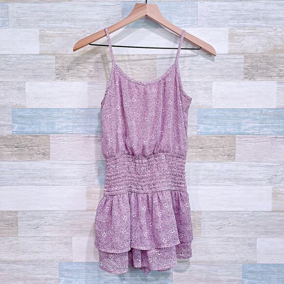 ABERCROMBIE KIDS Ruffle Smocked Boho Floral Blouson Romper Purple Girls 13 14 - Picture 1 of 6